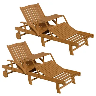 Juskys Sonnenliege SunScape Akazie mit Tisch 2er Set , Naturfarben , Holz , 72.5x30x196 cm , Gartenmöbel, Gartenliegen