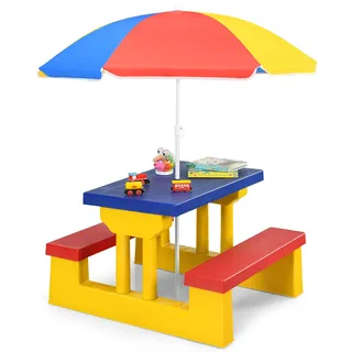 FANTASK Kinder Gartenmöbel, Kindersitzgruppe Outdoor mit Tisch & 2 Sitzbänke, Kinder Picknicktisch mit Sonnenschirm, Kindersitzgarnitur für Hinterhof, Terrasse (Gelb)