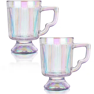 Joeyan 350ml Regenbogen Kaffeetassen, 2er-Set, Vintage Geriffelte Teegläser mit henkel, Latte Cappuccino Gläser, Milchbecher, Eisbecher Glas,Trinkgläser für Espresso,Irish Coffee,heiße/kalte Getränke