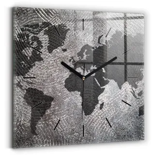 Wallfluent Wanduhr – Stilles Quarzuhrwerk - Uhr Dekoration Wohnzimmer Schlafzimmer Küche - Zifferblatt mit Striche - schwarze Zeiger - 30x30 cm - Weltkarte aus Beton - Grau