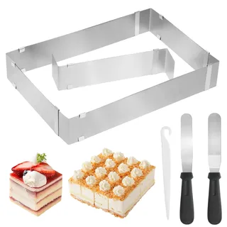 TayBong Backrahmen Rechteckig Verstellbar 27.5-53.5x18.5-34.5cm, Backform Eckig Verstellbar mit Teiler und Spatel, Tortenring Hoch für Kuchen Torten Pizza, Edelstahl Backzubehör zum Backen Dekorieren