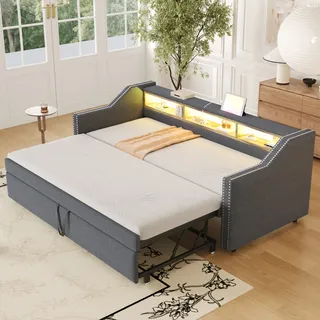 Flieks Polsterbett Schlafsofa 90x190cm/180x190cm, Tagesbett Daybed mit Unterbett, Holzbett Sofabett mit USB und LED, Funktionsbett Leinen, Dunkelgrau - Dunkelgrau