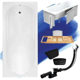 Badewanne Rechteck 160x70 mit Ablaufgarnitur und Füßen GRATIS + Verkleidung (Styropor) + Bambus Holzablage + Kopfstütze in Schwarz | BADLAND BONA
