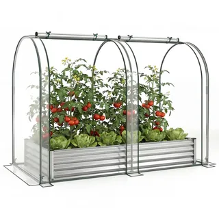FANTASK 3 in 1 Gewächshaus mit Hochbeet, 180x100x145 cm, Hochbeet Frühbeet mit PVC-Abdeckung & 2 Fenstern, Foliengewächshaus für Kräuter, Blumen & Gemüse, Blumenkasten für Garten (Silber)