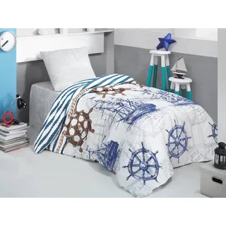 Yadetextil ZIRVEHOME Kinder Bettwäsche 135x200 cm, 100% Baumwolle, Mit Reißverschluss (Marine, 135 x 200 cm) Segelschiff und Anker Design