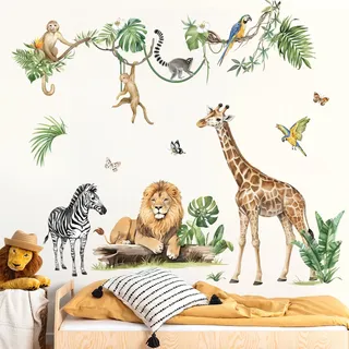 decalmile Wandtattoo Dschungel Tiere Reben Wandaufkleber Giraffe Löwe Zebra Safari Blätter Wandsticker Kinderzimmer Babyzimmer Schlafzimmer Wanddeko (XXL)