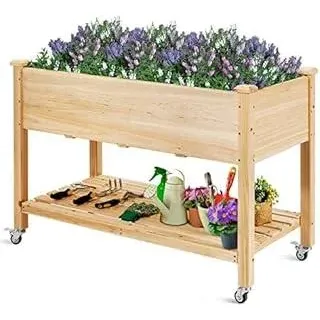 akhan FANTASK Hochbeet mit Ablage & Rollen 120 x 60 x 80 cm Natur