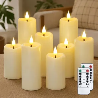 Yeelida Batterie flackernde LED-Kerzen, Packung mit 8 flammenlosen elfenbeinfarbenen Kunststoffkerzen mit Fernbedienungen und Zeitschaltuhr, die über 600 Stunden halten(5,3cmx 11, 14, 17cm)