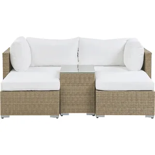 BELIANI Lounge Set Rattan Hellbraun 2-Sitzer mit 2 Eckteilen 2 Ottomanen und Auflagen in Cremeweiß Klassisch Gartenausstattung Terrasse - Braun, Weiß