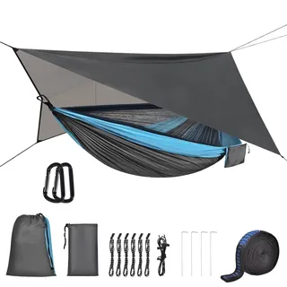 OTraki Camping Hängematte, 200kg Reise Hängematte 290cm x 140cm Outdoor Hammock mit Moskitonetz Zeltplane Last Kapazität Ultraleichte Atmungsaktiv für Outdoor Wandern (Blau Grau)