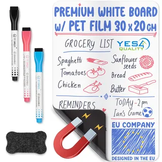 Magnetische Whiteboard-Folie für den Kühlschrank – A4 (30 x 20 cm) – schmutzabweisend, mit 3 Stiften und großem Radiergummi mit Magnet – von Yes4Quality