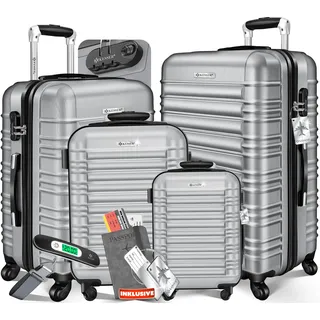 KESSER® 4tlg. Hartschalenkofferset Hartschalenkoffer Reisekoffer Set Reisekofferset Trolley Koffer Inkl. Kofferwaage + Gepäckanhänger Rollkoffer Schloss 4 Rollen ABS-Hartschale Teleskopgriff S-M-L-XL - Silber