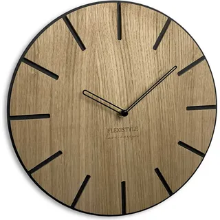 Wanduhr ohne tickgeräusche Holz Eiche rund Wood Art Schwarz 30 cm, Wohnzimmer, Schlafzimmer, in EU hergestellt - Schwarz, Braun
