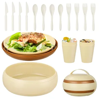 Yitriden 21 Teiliges Camping Geschirr Set, Kunststoff Geschirrset für 4 Personen, Outdoor Picknick Campingzubehör Mit Teller, SchüSsel, Becher, Besteck Set