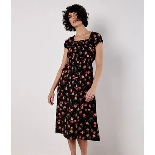 Midikleid APRICOT "Vintage Milkmaid Midikleid", Damen, Gr. S (36), N-Gr, schwarz, gewebt, Obermaterial: 100% Viskose CV., geblümt, normal, eckiger Ausschnitt, Puffärmel mit Gummizug, Kleider Midikleid, mit Smokdetails