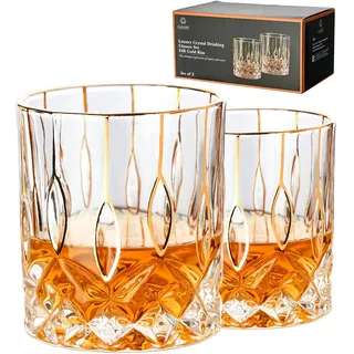 GLASKEY Kristall Whisky Gläser 2er Set mit 24K Goldrand, 320ml Whiskyglas Gold Kollektion,Perfekt für Scotch, Bourbon,Cognac,Wodka, Gin,Tequila,Rum,Schnaps,Whisky-Geschenke für Männer