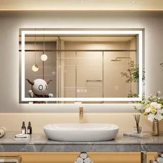 Snowdool LED-Badezimmerspiegel, 60 x 100 cm Kosmetikspiegel Mit Beleuchtung, Beleuchteter Wandspiegel, Touch Schalter, Dimmbarer, 3 Lichtfarben, Beschlagfrei, IP44 Wasserdicht, Horizontal/Vertikal