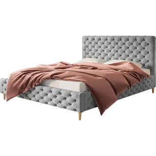 Polsterbett LUX MIAMI mit Kopfteil, 140 x 200 cm, Doppelbett mit Lattenrost aus Holz, Velourstoff Grau, Füße in Farbe: Braun - Grau, Braun