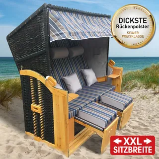 BRAST Strandkorb Usedom 3-Sitzer XXL für 2-3 Personen 165cm breit inkl. wetterfeste Abdeckhaube verstellbare Rückenlehne Fußkissen Braun/Blau - gestreift