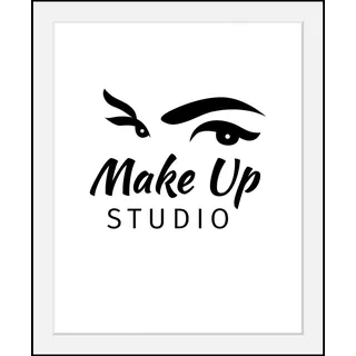 Queence "Make up Studio", Fashion Frau Motivationsbilder Schriftzug Schwarz-Weiß HD Premium Poster-Druck inkl. Holzrahmen, farbe rahmen: schwarz, farbe bild(er): bunt