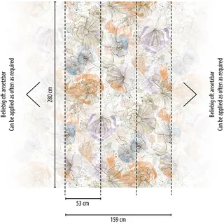 A.S. Création Blumentapete in Beige, Orange, Blau, Lila - hochwertige Vliestapete floral 396942 - Designtapete gemalt auf 10,05m x 0,53m - Made in Germany