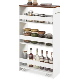 COSTWAY Nischenwagen 20cm breit, 4 Etagen Küchenwagen schmal, Servierwagen auf Rollen mit Griff&Geländern, Badregal Holz, 47,5x20x80,5cm (Weiß+Braun) - Weiß, Braun