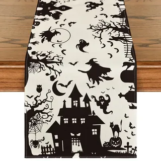 Artoid Mode Schwarz Weiß Spooky Haunted House Witch Halloween Tischläufer, Saisonnal Herbst Küche Tisch Drinnen Urlaub Party Dekor 40x140 cm