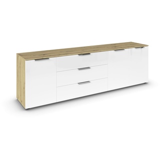 Rauch Möbel Flipp, Sideboard, TV-Schrank, Kommode mit Stauraum, Eiche Artisan/Glasfront Weiß, Holz, 3-türig, Glastüren, 3 Schubladen, Griffe chrom, 199x61x42cm