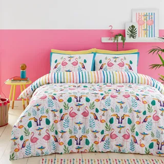 Fusion Bettbezug mit tropischem Flamingo, Einzelbett (140 x 200 cm), wendbares Design (Regenbogenstreifen), Tropische Vögel (Toukan), leuchtende Farben, Rosa