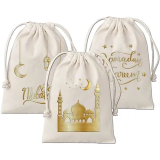 3 Geschenksäckchen zu Ramadan - aus Baumwolle - wunderschön und hochwertig gold bedruckt - ideal zum Verpacken von Geschenken - Größe 20x30 cm mit Zugband Set 2