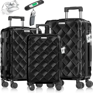 KESSER® Reisekoffer Set 3-teilig | Kofferset + Handgepäck | Trolley ABS Hartschalenkoffer mit Zahlenschloss, Kofferwaage & Reisebrieftasche 360 Rollen - Schwarz