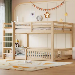 Merax Etagenbett 160x200 cm, Kinderbett mit Geländern, Massivholz Doppelbett, Stockbett, Kinderbett, Holz, Natur - Naturbelassen