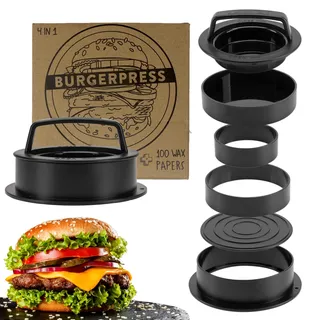 Burgerpresse mit 100 Blatt Burger Papier, 4 Patty Größen inkl. Gefüllte Patties und XXL, Burger Pattie Presse für beste Hamburger, Hamburger Patty Maker mit Rezepten