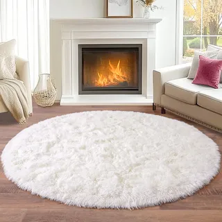 BSGIFT Teppich Hochflor Rund 120 cm Creme, Shaggy Langflor Teppich Wohnzimmer Flauschig, Modern Wohnzimmerteppich Bettvorleger High-Pile Carpet rutschfest für Schlafzimmer Kinderzimmer