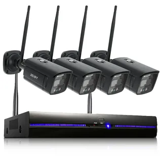 REIGY 3MP WLAN Überwachungskamera Set Aussen mit Flutlicht, 10CH Funk NVR Überwachungssystem +4x1296P Kamera Drahtlos, Zwei-Wege-Audio Bewegungserkennung Farbige Nachtsicht Keine Festplatte
