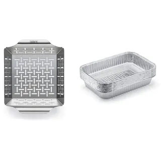 Weber 6481 Deluxe Gemüsekorb 19x24 cm, Grillkorb, für Fisch, Fleisch und Gemüse, aus Edelstahl & 6415 Small 7-1/2-Inch-by-5-inch Aluminum Drip Pans, Set of 10