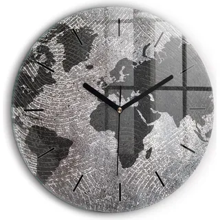 Wallfluent Große Wanduhr – Stilles Quarzuhrwerk - Uhr Dekoration Wohnzimmer Schlafzimmer Küche - Zifferblatt mit Striche - schwarze Zeiger - 60 cm - Weltkarte aus Beton - Grau