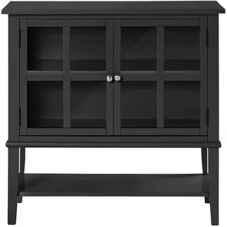 DHP Furniture Franklin Schrank Schwarz, 80 x 40 x 78 cm, Sideboard mit 2 Glastüren, verstellbarem Einlegeboden und Ablagefach, MDF Schrank mit Massivholzbeinen für Wohnzimmer, Esszimmer und Flur