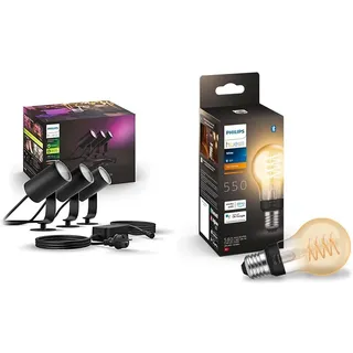 Philips Hue White & Color Ambiance Lily Gartenstrahler 3-er Pack (1.770 lm) & White E27 Filament A60 550lm, warmweißes Licht, dimmbar, steuerbar via App, kompatibel mit Amazon Alexa (Echo, Echo Dot)