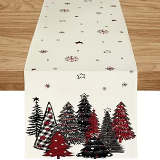 ZWJD Tischläufer Weihnachten 40x100 cm Tischläufer Schwarz-Rot Modern Weihnachtstischläufer Weihnachtsbäumen Schneeflocken Festliche Weihnachtsdeko Tisch für Winter, Feiertage, Esszimmer &Wohnzimmer