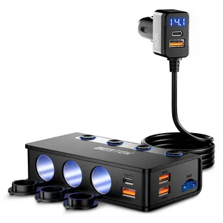 9 IN1 BESTEK 180W Zigarettenanzünder Verteiler, Auto KFZ Adegerät mit 65W PD & 4 Port QC3.0 kfz Ladegerät USB C Zigarettenanzünder Adapter USB mit LED Licht für iPhone Dash Cam iPad GPS