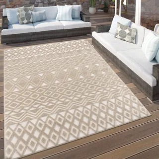 Paco Home Outdoor Teppich Wetterfest Wohnzimmer Küchenteppich Boho Style Skandinavisch Moderne 3D Optik Geometrisch beige, Creme, Grösse:80x150 cm