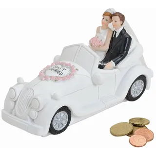 Spardose Brautpaar im Hochzeitsauto | Schönes Sparschwein ideal als Hochzeits-Geschenk | Hochzeits-Deko & Verzierung | „Just Married“ Spruch-Spardose | Sammel-Sparbüchse für Flitterwochen & Hochzeit
