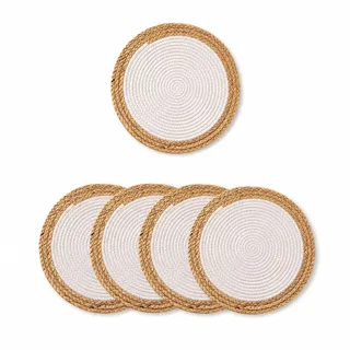 Runde Tischsets aus Baumwolle, mit Jute-Rand, 20 cm Durchmesser, weiß und natürlich, umweltfreundlich, langlebige Tischsets für Esszimmer, Zuhause, 4 Stück