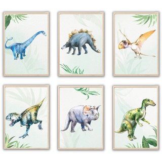 MeinBaby123® Dino Poster Kinderzimmer | Dinosaurier Poster 6er Set DIN A4 I Bilder Kinderzimmer Jungen | Dino Deko Bilder Kinderzimmer | Babyzimmer Deko (Dino Poster Set - 3)