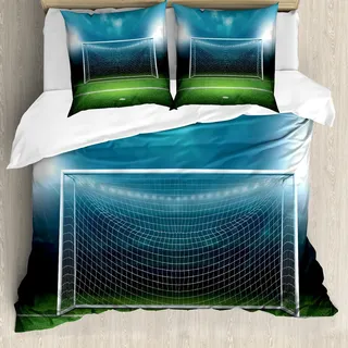 ABAKUHAUS Fußball Bettbezug Set, Soccer Goal Post Sportbereich Gewinner Verlierer Linie Flutlicht Best Team Finals Spiel Thema, 155 x 220 cm + 80 x 80 cm, Grün blau
