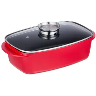 Relaxdays Bräter mit Deckel, und Aromaknopf, - rot
