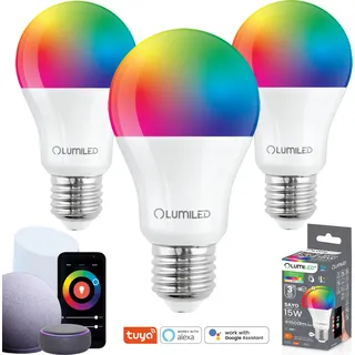 3x LUMILED Smart SAYO A65 LED Lampe E27 15W (100W) 1500lm WLAN Dimmbar Mehrfarbig RGBW Wifi Timer Smart home 16 Mio. Farben App Steuerung kompatibel mit Amazon Alexa Google Assistant Tuya
