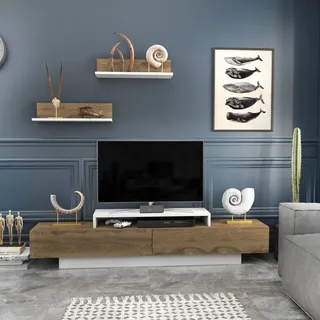 Skye Decor, Moderne TV-Einheit, 180 cm, 100% melaminbeschichtete Spanplatte, 18 mm dick, in Weiß und Oud-Eiche | 2 Wandregale (60 cm) | Elegantes Design für Ihr Zuhause. - Weiß
