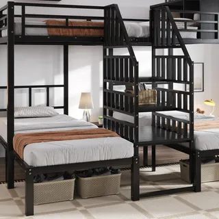 okwish Etagenbett 90x200/140x200 Metallbett für drei Personen (2 oben, 1 unten),Bettgestell mit Treppe mit Handläufen,Jugendbett mit zwei Matratze,Schwarz - Schwarz